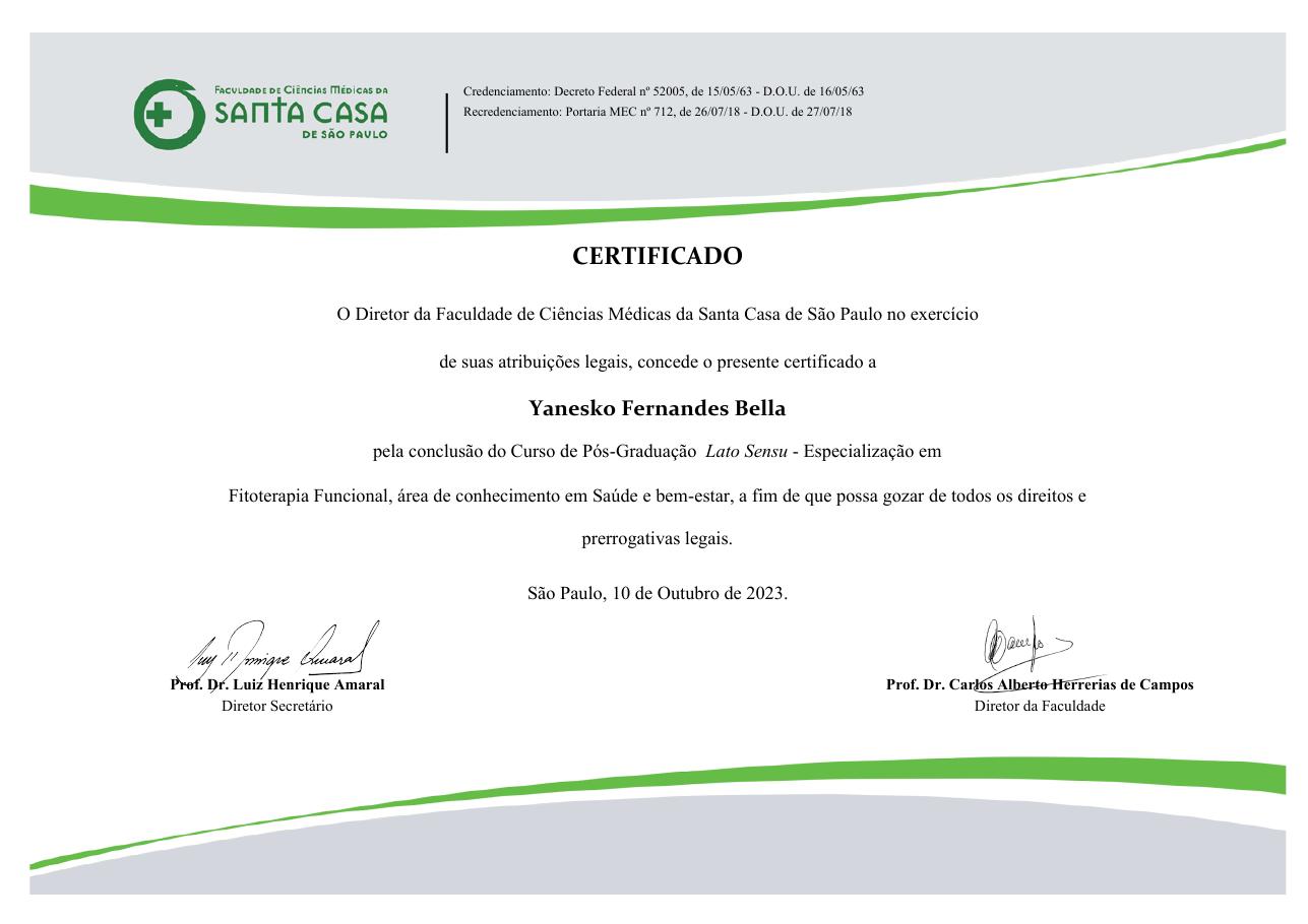 Diploma de Fitoterapia Funcional — Dr. Yanesko Bella