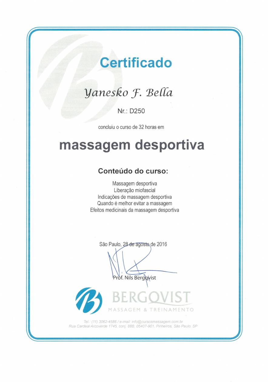Diploma de Curso Internacional de Massagem Desportiva Sueca — Dr. Yanesko Bella