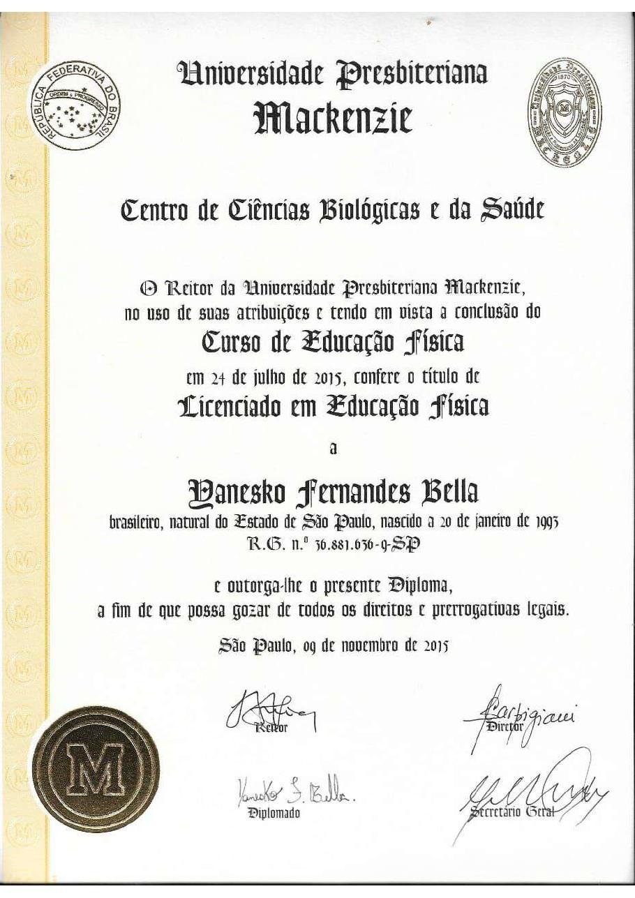 Diploma de Educação Física — Licenciatura Plena — Dr. Yanesko Bella