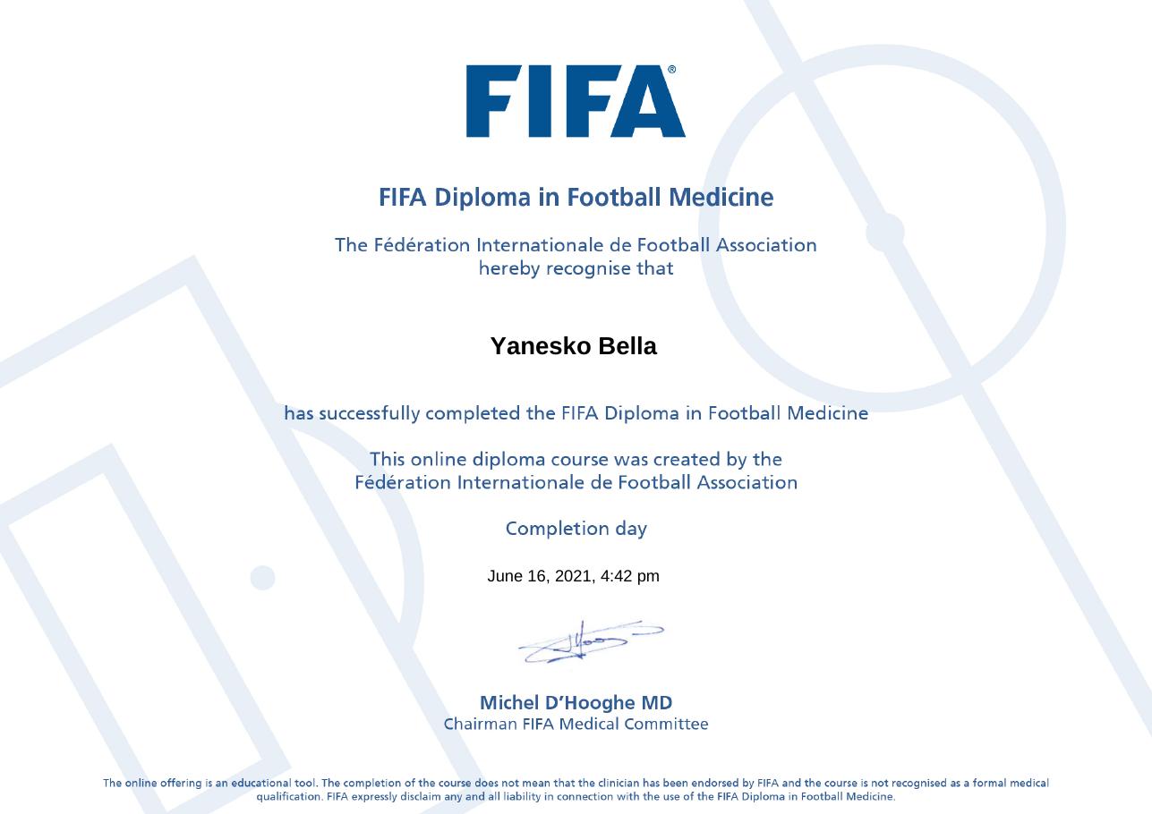 Diploma de Medicina do Futebol — Dr. Yanesko Bella