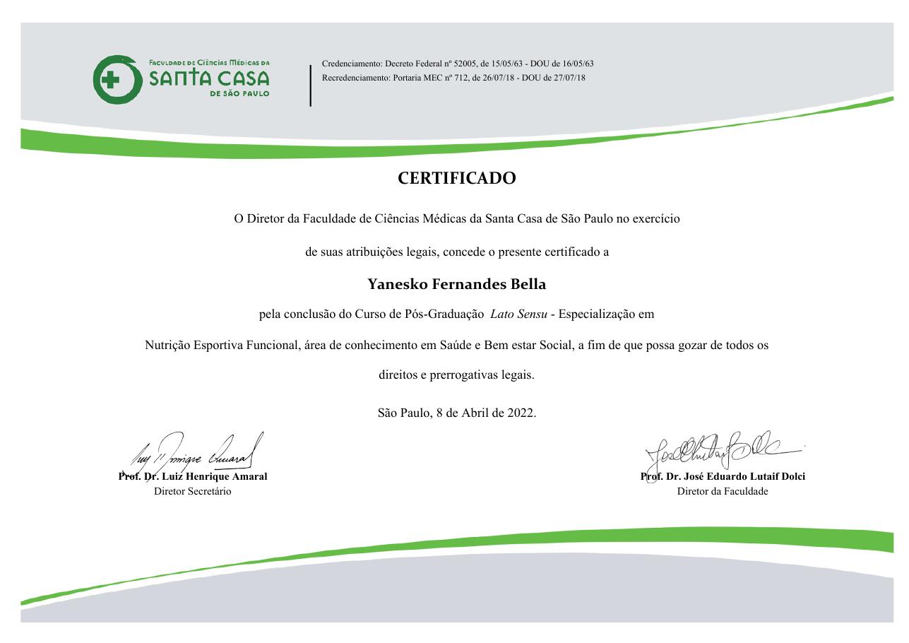 Diploma de Nutrição Esportiva Funcional — Dr. Yanesko Bella