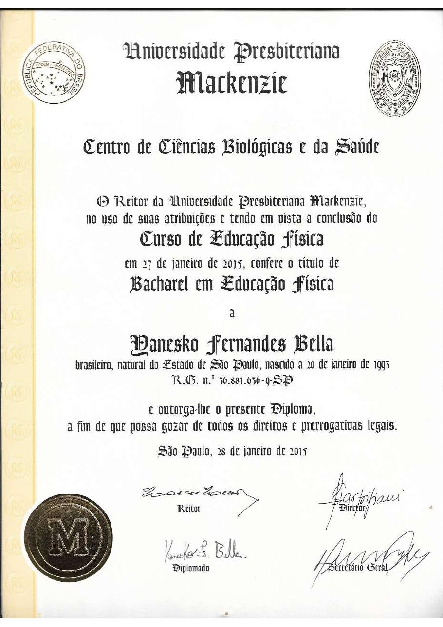 Diploma de Educação Física — Bacharelado — Dr. Yanesko Bella