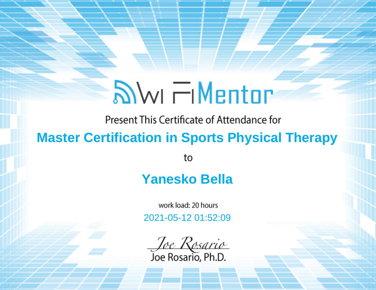 Diploma de Master Certification in Sports Physical Therapy — Dr. Yanesko Bella