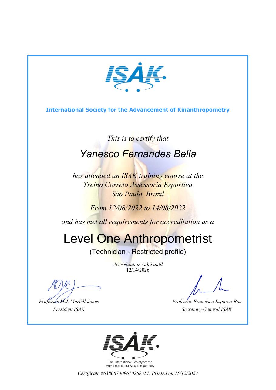 Diploma de ISAK Nível 1 — Anthropometrist — Dr. Yanesko Bella