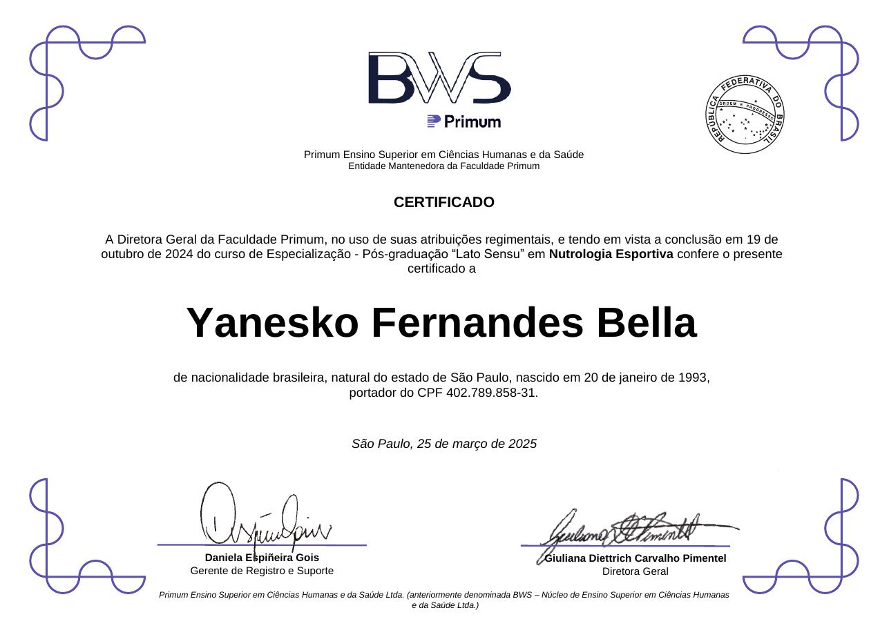 Diploma de Nutrologia Esportiva — Dr. Yanesko Bella