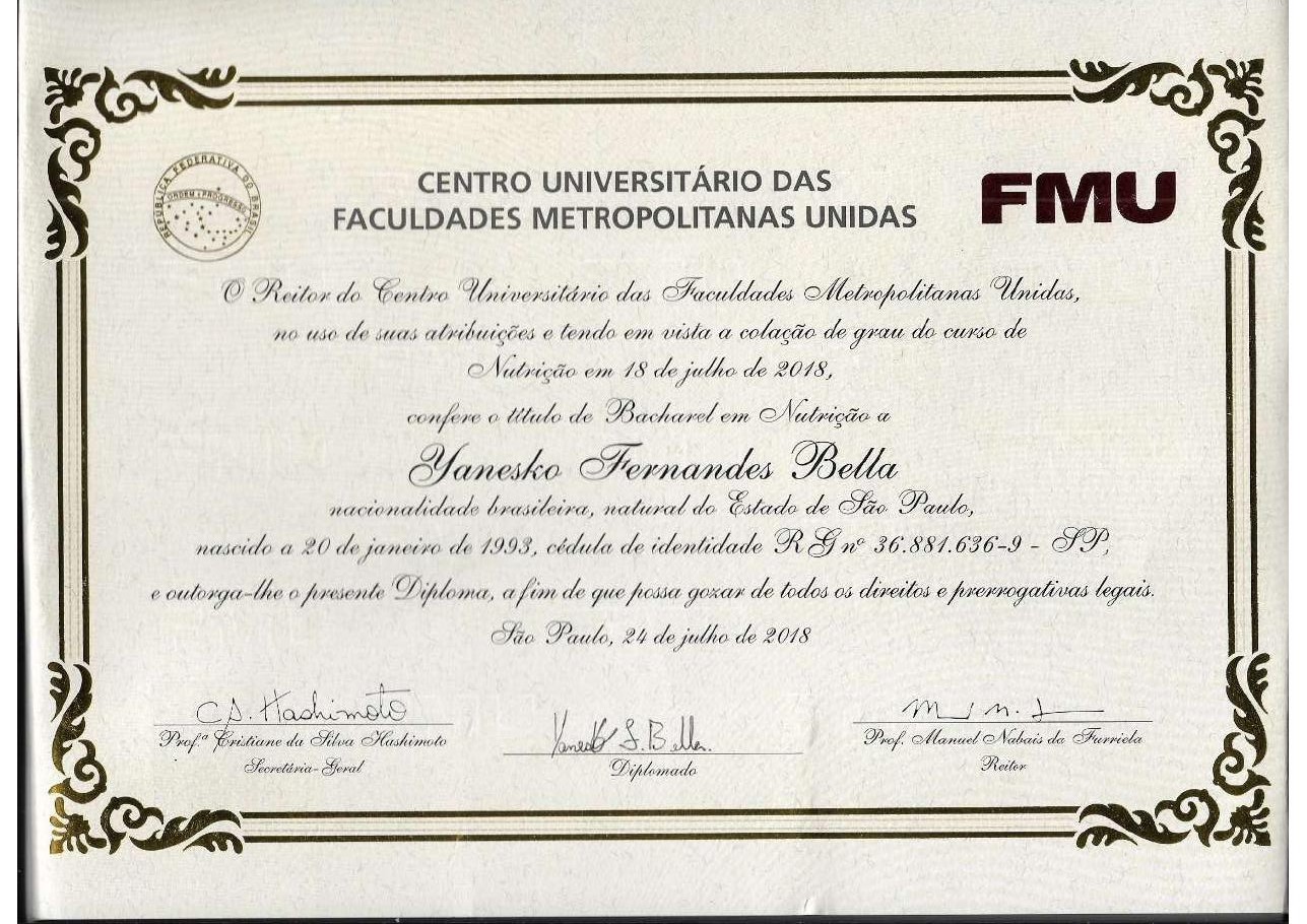 Diploma de Nutrição — Dr. Yanesko Bella